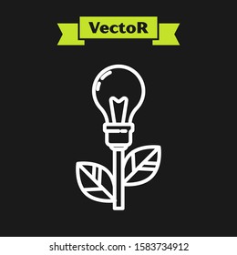 White line Light bulb with leaf icon isolated on black background. Eco energy concept. Alternative energy concept.  Vector Illustration