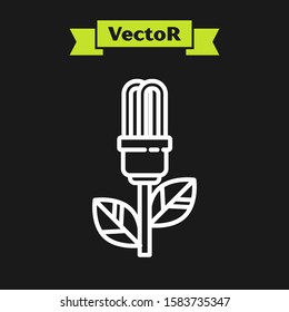 White line Light bulb with leaf icon isolated on black background. Eco energy concept. Alternative energy concept.  Vector Illustration