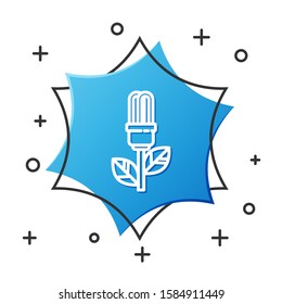 White line Light bulb with leaf icon isolated on white background. Eco energy concept. Alternative energy concept. Blue hexagon button. Vector Illustration