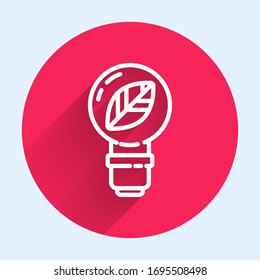 White line Light bulb with leaf icon isolated with long shadow. Eco energy concept. Alternative energy concept. Red circle button. Vector Illustration