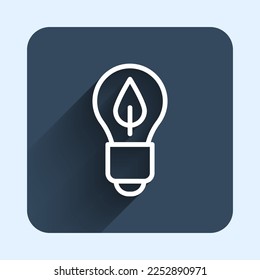 White line Light bulb with leaf icon isolated with long shadow background. Eco energy concept. Alternative energy concept. Blue square button. Vector