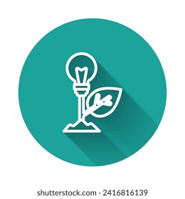 White line Light bulb with leaf icon isolated with long shadow. Eco energy concept. Alternative energy concept. Green circle button. Vector