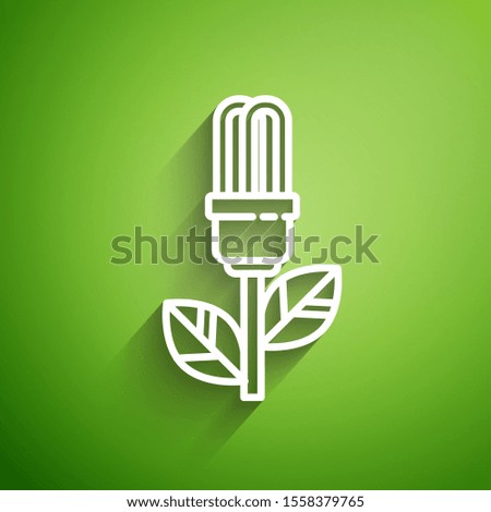White line Light bulb with leaf icon isolated on green background. Eco energy concept. Alternative energy concept.  Vector Illustration