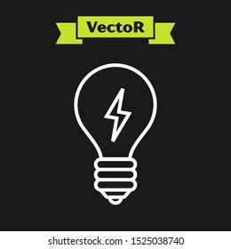 White line Light bulb with lightning symbol icon isolated on black background. Light lamp sign. Idea symbol.  Vector Illustration