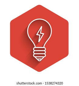 White line Light bulb with lightning symbol icon isolated with long shadow. Light lamp sign. Idea symbol. Red hexagon button. Vector Illustration