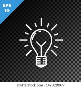 White line Light bulb with rays shine and concept of idea icon isolated on transparent dark background. Energy and idea symbol. Inspiration concept.  Vector Illustration