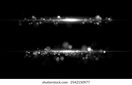 Efeito de luz de linha branca. Linhas de néon brilhantes brancas. O brilho dourado de poeira e brilho. Flash de luz. ouro pó bokeh. Confetes dourados brilham sobre um fundo escuro.