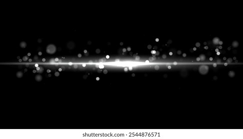 White line light effect. White glowing neon lines. The golden glow of dust and glare. Flash of light. gold dust bokeh. Golden confetti shimmers on a dark background.