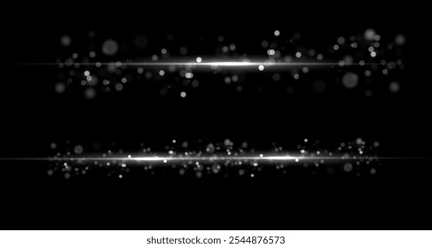 White line light effect. White glowing neon lines. The golden glow of dust and glare. Flash of light. gold dust bokeh. Golden confetti shimmers on a dark background.
