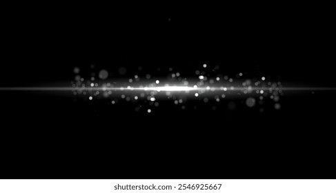 White line light effect. White glowing neon lines. The golden glow of dust and glare. Flash of light. gold dust bokeh. Golden confetti shimmers on a dark background.