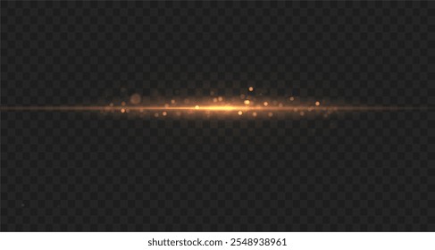 White line light effect. White glowing neon lines. The golden glow of dust and glare. Flash of light. gold dust bokeh. Golden confetti shimmers on a dark background.
