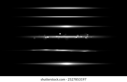 White line light effect. Golden glowing neon lines. The golden glow of dust and glare. Flash of light. gold dust bokeh. Gold confetti shimmers on a dark background.