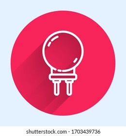 White line Light emitting diode icon isolated with long shadow. Semiconductor diode electrical component. Red circle button. Vector Illustration