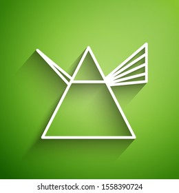 White line Light rays in prism icon isolated on green background. Ray rainbow spectrum dispersion optical effect in glass prism.  Vector Illustration