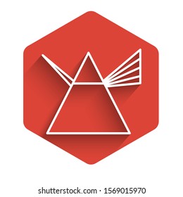 White line Light rays in prism icon isolated with long shadow. Ray rainbow spectrum dispersion optical effect in glass prism. Red hexagon button. Vector Illustration