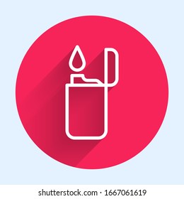 White line Lighter icon isolated with long shadow. Red circle button. Vector Illustration