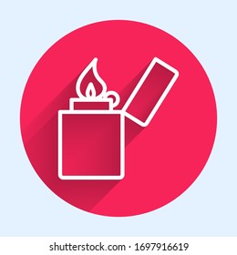 White line Lighter icon isolated with long shadow. Red circle button. Vector Illustration