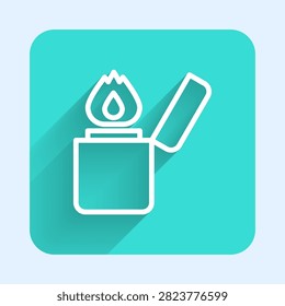 White line Lighter icon isolated with long shadow. Green square button. Vector
