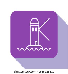 White line Lighthouse icon isolated on white background. Purple square button. Vector Illustration
