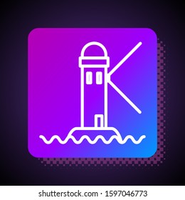 White line Lighthouse icon isolated on black background. Square color button. Vector Illustration