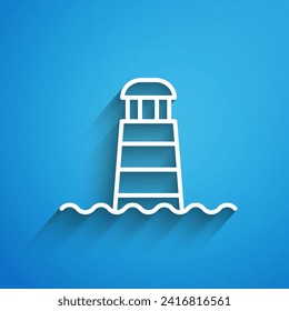 White line Lighthouse icon isolated on blue background. Long shadow. Vector