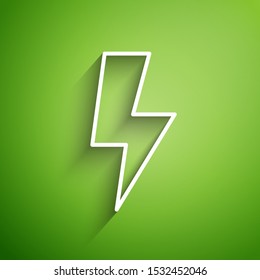 White line Lightning bolt icon isolated on green background. Flash sign. Charge flash icon. Thunder bolt. Lighting strike.  Vector Illustration