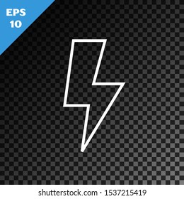 White line Lightning bolt icon isolated on transparent dark background. Flash sign. Charge flash icon. Thunder bolt. Lighting strike.  Vector Illustration