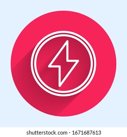 White line Lightning bolt icon isolated with long shadow. Flash sign. Charge flash icon. Thunder bolt. Lighting strike. Red circle button. Vector Illustration