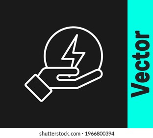 White line Lightning bolt icon isolated on black background. Flash sign. Charge flash icon. Thunder bolt. Lighting strike.  Vector