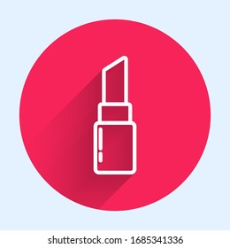 White line Lipstick icon isolated with long shadow. 8 March. International Happy Women Day. Red circle button. Vector Illustration