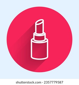 White line Lipstick icon isolated with long shadow background. Red circle button. Vector