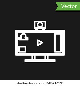 White line Live streaming online videogame play icon isolated on black background.  Vector Illustration