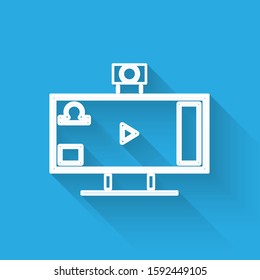 White line Live streaming online videogame play icon isolated with long shadow.  Vector Illustration