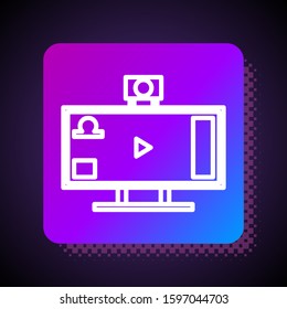 White line Live streaming online videogame play icon isolated on black background. Square color button. Vector Illustration