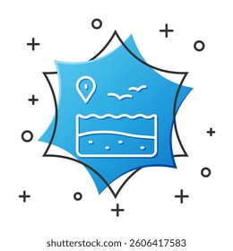 White line Location with beach icon isolated on white background. Tropical beach landscape. Good sunny day. Blue hexagon button. Vector