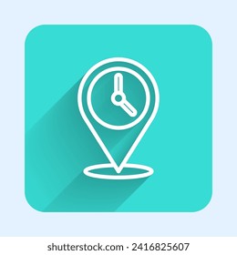 White line Location with clock icon isolated with long shadow. Green square button. Vector Illustration
