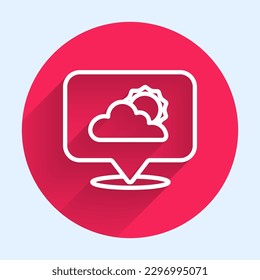 White line Location cloud icon isolated with long shadow. Red circle button. Vector