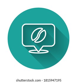 White line Location with coffee bean icon isolated with long shadow. Green circle button. Vector.