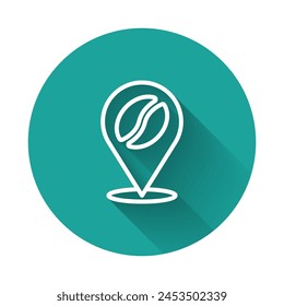 White line Location with coffee bean icon isolated with long shadow. Green circle button. Vector