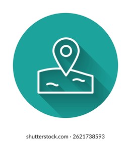 White line Location fishing icon isolated with long shadow. Fishing place. Green circle button. Vector