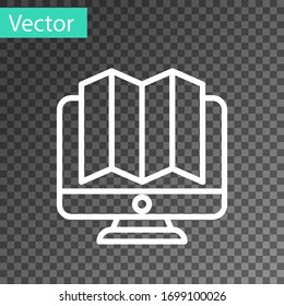 White line Location of the forest on a map in monitor icon isolated on transparent background. Vector Illustration