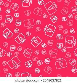 White line Location of the forest on a map icon isolated seamless pattern on red background.  Vector