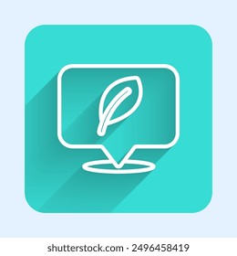 White line Location with leaf icon isolated with long shadow. Eco energy concept. Alternative energy concept. Green square button. Vector