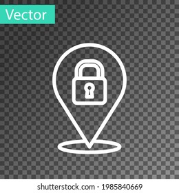 Icono de bloqueo de ubicación de línea blanca aislado en fondo transparente. El concepto de la casa llave en mano.  Vector