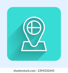 White line Location marker with round flag nation of Iceland con isolated with long shadow background. Green square button. Vector
