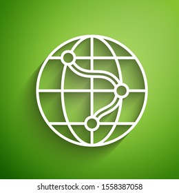 White line Location on the globe icon isolated on green background. World or Earth sign.  Vector Illustration