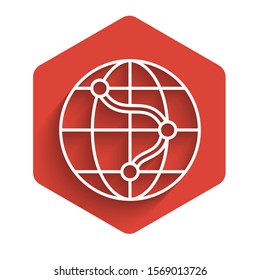 White line Location on the globe icon isolated with long shadow. World or Earth sign. Red hexagon button. Vector Illustration