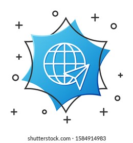 White line Location on the globe icon isolated on white background. World or Earth sign. Blue hexagon button. Vector Illustration