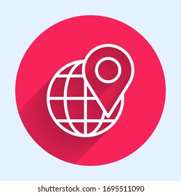White line Location on the globe icon isolated with long shadow. World or Earth sign. Red circle button. Vector Illustration