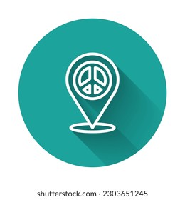 White line Location peace icon isolated with long shadow background. Hippie symbol of peace. Green circle button. Vector